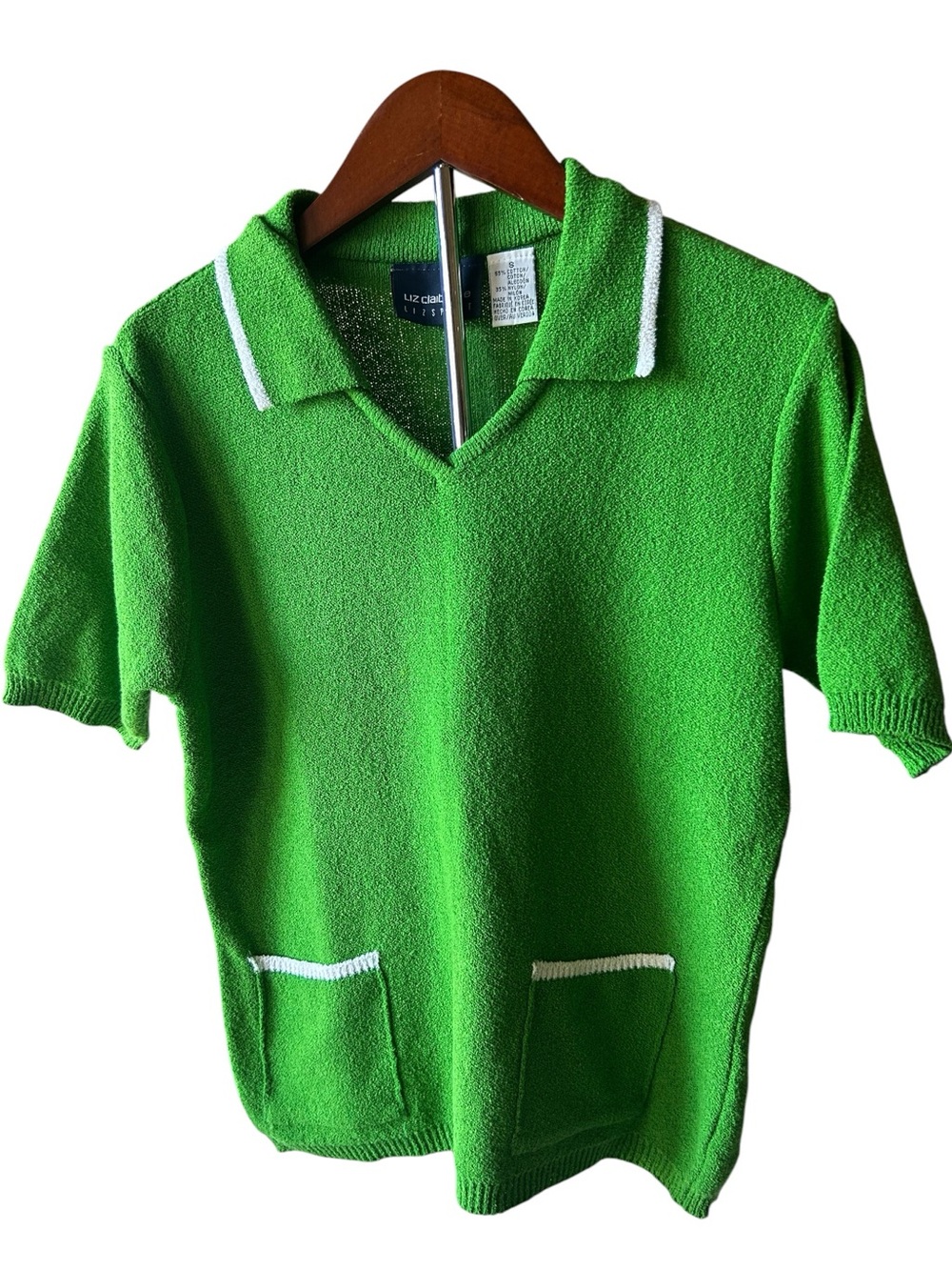 Liz Claiborne Green Knit V-Neck Polo with White Contrast Trim Small